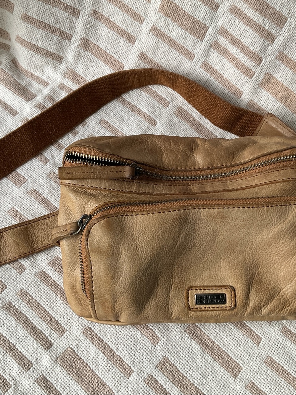 Classic Tan Leather Belt Bag with Front Zip Pouch